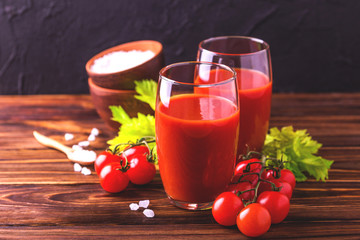 Glasses of tomato juice. Healthy food concept.