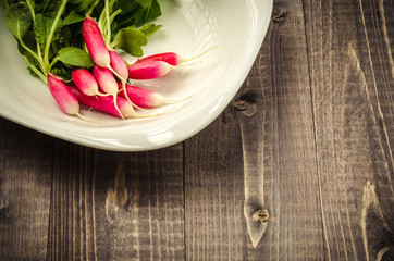 garden radish in a white plate on a wooden background/garden radish in a white plate top view