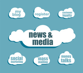 News and press concept: words News and media . Design with abstract speech bubble set