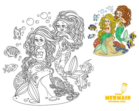 Cute girl mermaid plait braids friend mermaid coloring page on white background