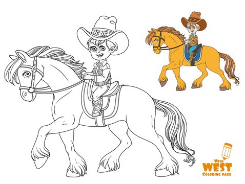 Cute little boy in cowboy suit riding on a horse coloring page on white background