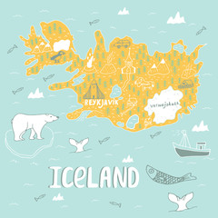 Iceland hand drawn cartoon map. Vector illustration with travel landmarks, animals and natural phenomena. - 152176899