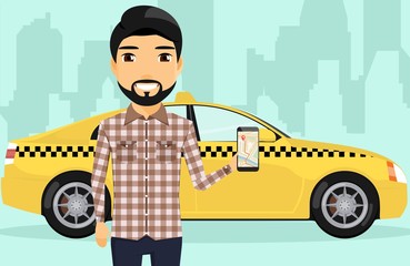 A young man stands near a taxi with your phone in hand. Navigator. Taxi service. In a flat style, cartoon. Happy guy.