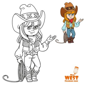 Cute girl in a cowboy suit is holding a lasso coloring page on white background