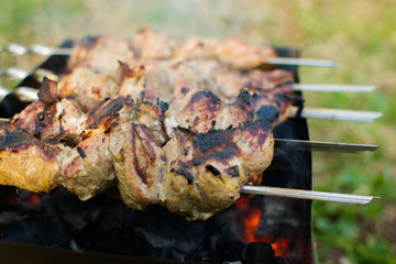 Barbecue on the grill. Meat is fried on charcoal.