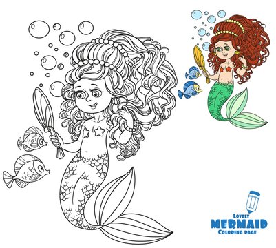 Beautiful mermaid girl pretties herself in front of a hand mirror coloring page on a white background