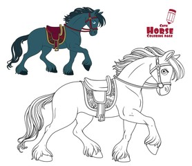 Cartoon horse harnessed in harness runs forward coloring page on a white background