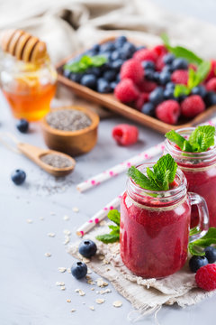 Healthy mixed smoothie for breakfast with berries, blueberry, raspberry