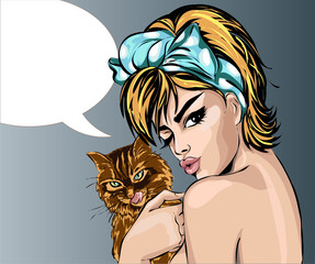 Pin up style sexy woman portrait with cat, pop art girl speech bubble, vector