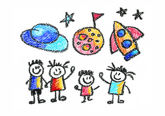 Kids drawing Space Children education, school, kindergarten Play Study Learn Boys and Girls