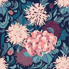 Seamless vector floral pattern in vintage Chinese style. Chrysanthemums on a dark blue background for textile, manufacturing, book covers, wallpapers, print or gift wrap. Vector illustration