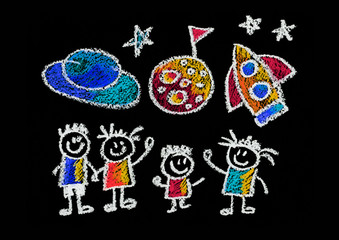 Kids drawing Space Children education, school, kindergarten Play Study Learn Boys and Girls