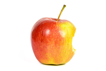 Bitten red apple on white background