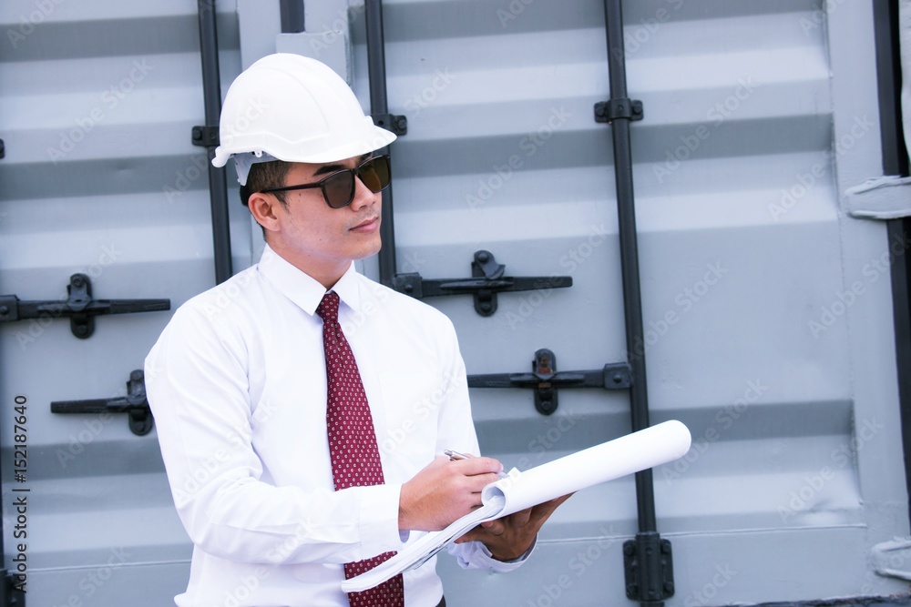 Wall mural engineer manager is working at site work. he wears white safety hat.