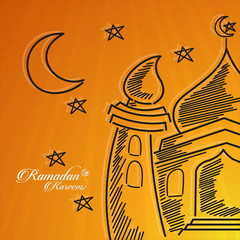 orange ramadan kareem with mosque, moon and star background