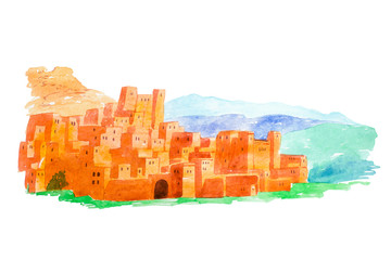 Watercolor illustration Kasbah Ait Ben Haddou in the Atlas mountains of Morocco - obrazy, fototapety, plakaty
