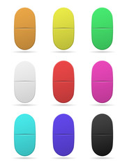 Fototapeta premium Medicinal tablets. Set of oval tablets of different colors. Isolated objects on white background. Vector.