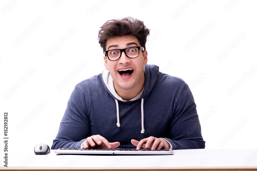 Poster funny nerd man working on computer isolated on white