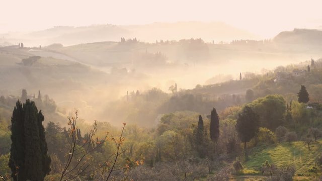 misty morning panorama from the San Gimignano walls, Toscana, Italy 
