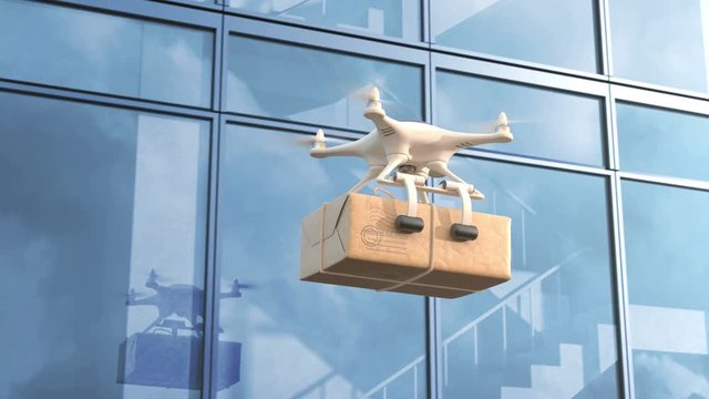 Quadcopter delivers mail against an office building, seamless looping 3d animation, 4K