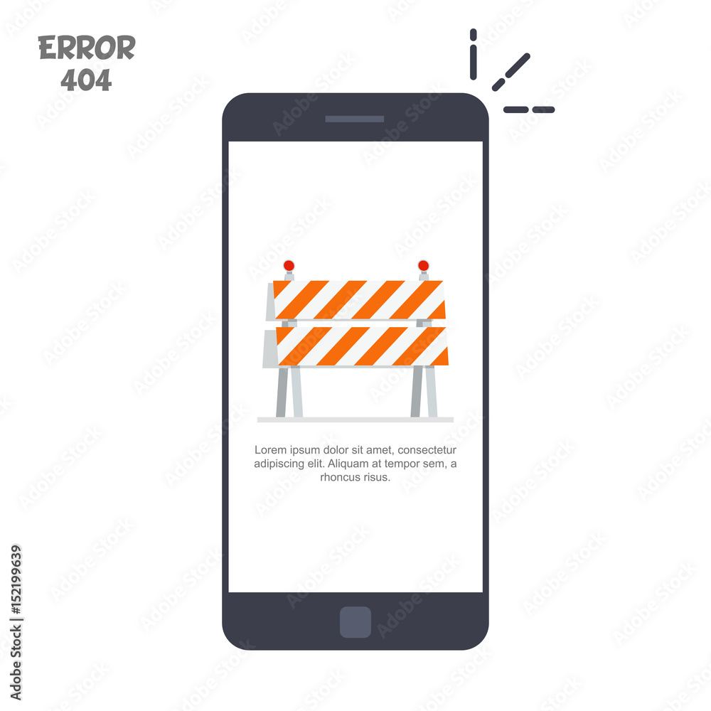 Poster mobile phone with a picture of a construction cone or fence. the concept of error 404 on an electron