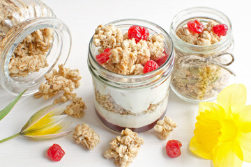 Greek yogurt with cherry jam and granola