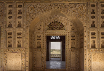 Unisque architectural details of stone carving patten in the Agra Fort. India.