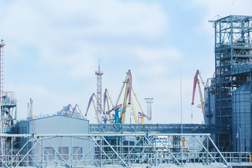 View of seed elevators and cranes in sea port