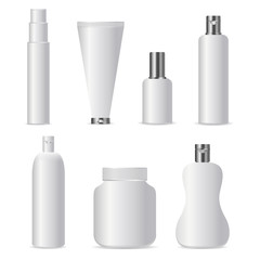 Vector set of realistic isolated cosmetic bottles for branding and covering on the white background. Realistic white blank template mock up for design and business identity.