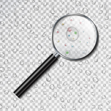Vector realistic isolated magnifying glass and water droplets on the transparent background. Concept of water contamination, pollution, scientific research for bacteria and water purification.