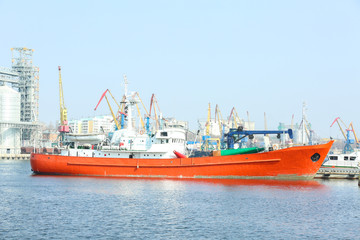 Beautiful view of ship in sea port on sunny day