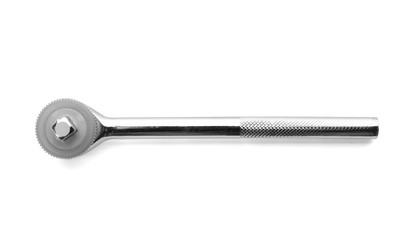Steel ratchet on white background, top view