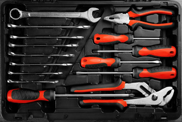 Set of tools for car repair in box, top view