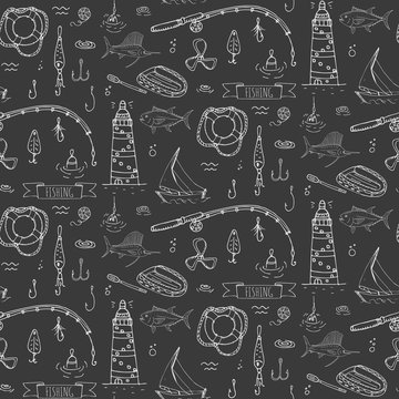 Seamless pattern hand drawn doodle Fishing icons set. Cartoon vector illustration. Fish catching equipment elements collection Rod Baits Spinning Lure Boat Lighthouse Fishing cloth Inflatable Marlin