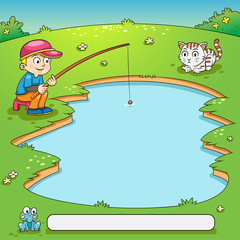 Obraz premium Frame design with boy and his dog fishing illustration. EPS10 File simple Gradients, All in separate layer and group for easy editing.