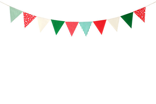 Hanging party flags isolated on white background, decorate items for festival, celebrate event