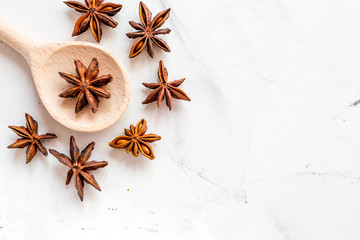 Dry colorful spices, vanilla on kitchen stone table background top view mockup