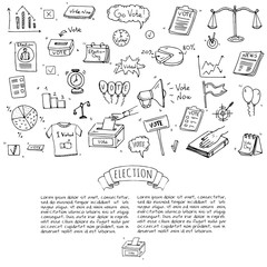 Hand drawn doodle Vote icons set. Vector illustration. Election symbols collection. Cartoon various voting elements: hand putting paper in the ballot box, speaker, scale, calendar, infographics, case.