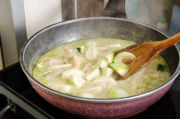Thai food cooking,Green curry with chicken
