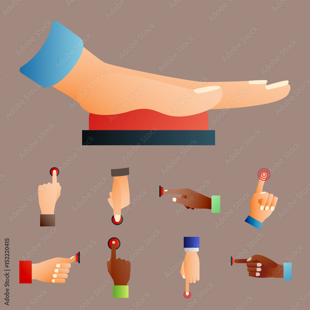 Aufkleber hand press red button finger press control push pointer gesture human body part vector illustration.