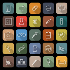 Pharmacy line flat icons with long shadow