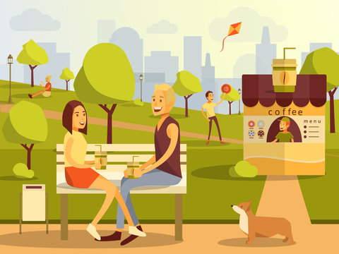 Vector flat illustration of couple taking rest in city park