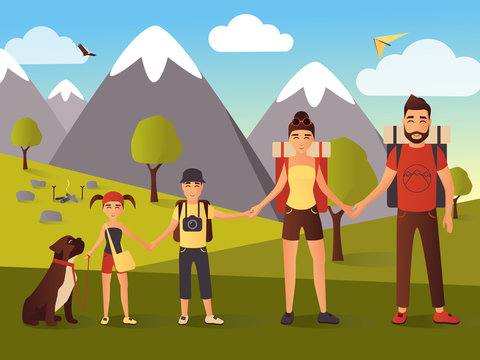 Vector flat illustration of happy family in the mountains