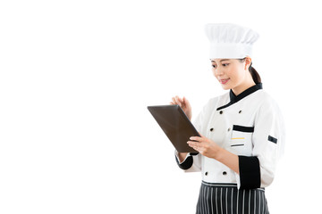 smiling asian woman chef using digital tablet