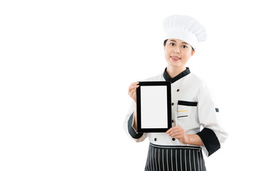 chef woman showing digital tablet pad