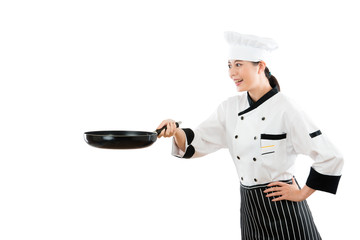 professional asian chef with a flat pan
