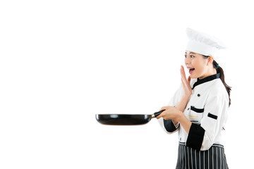 pretty restaurant chef looking at the copyspace