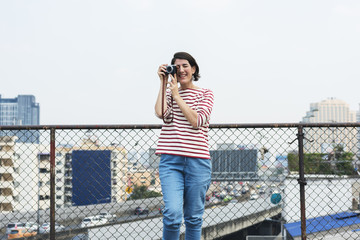 Adult Woman With Camera Capture Snap Shot Outdoor Activity