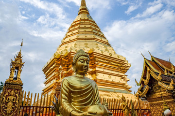  Golden Buddha statue in Wat Phra That Doi Suthep is tourist attraction of Chiang Mai, Thailand.Asia.