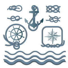 Marine symbols - a compass, an anchor, a rope knot, a rope.